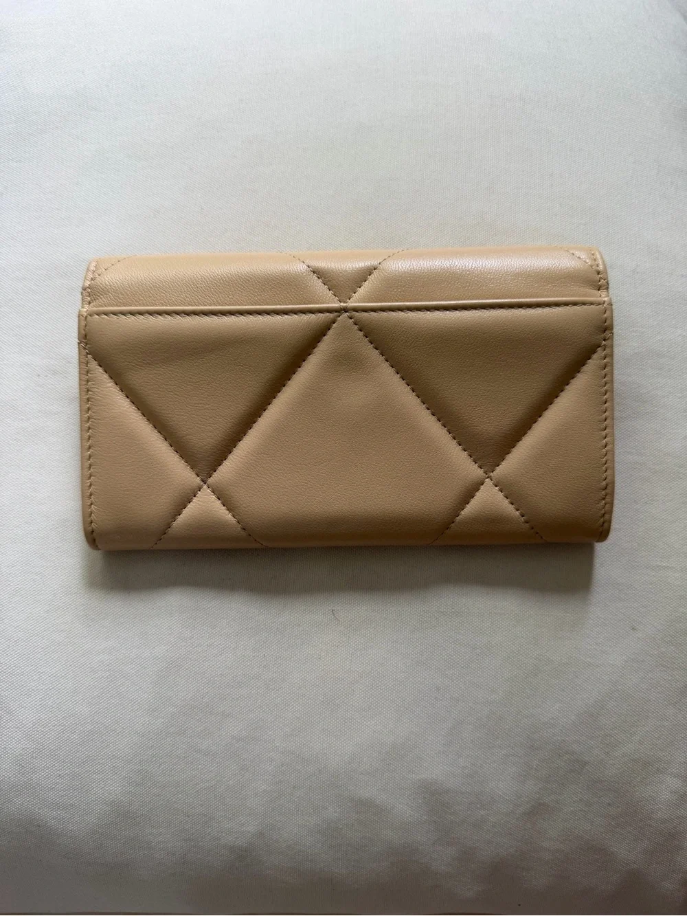 CHANEL Quilted Nude Beige Leather Fold Wallet with Gold CC Chain Emblem